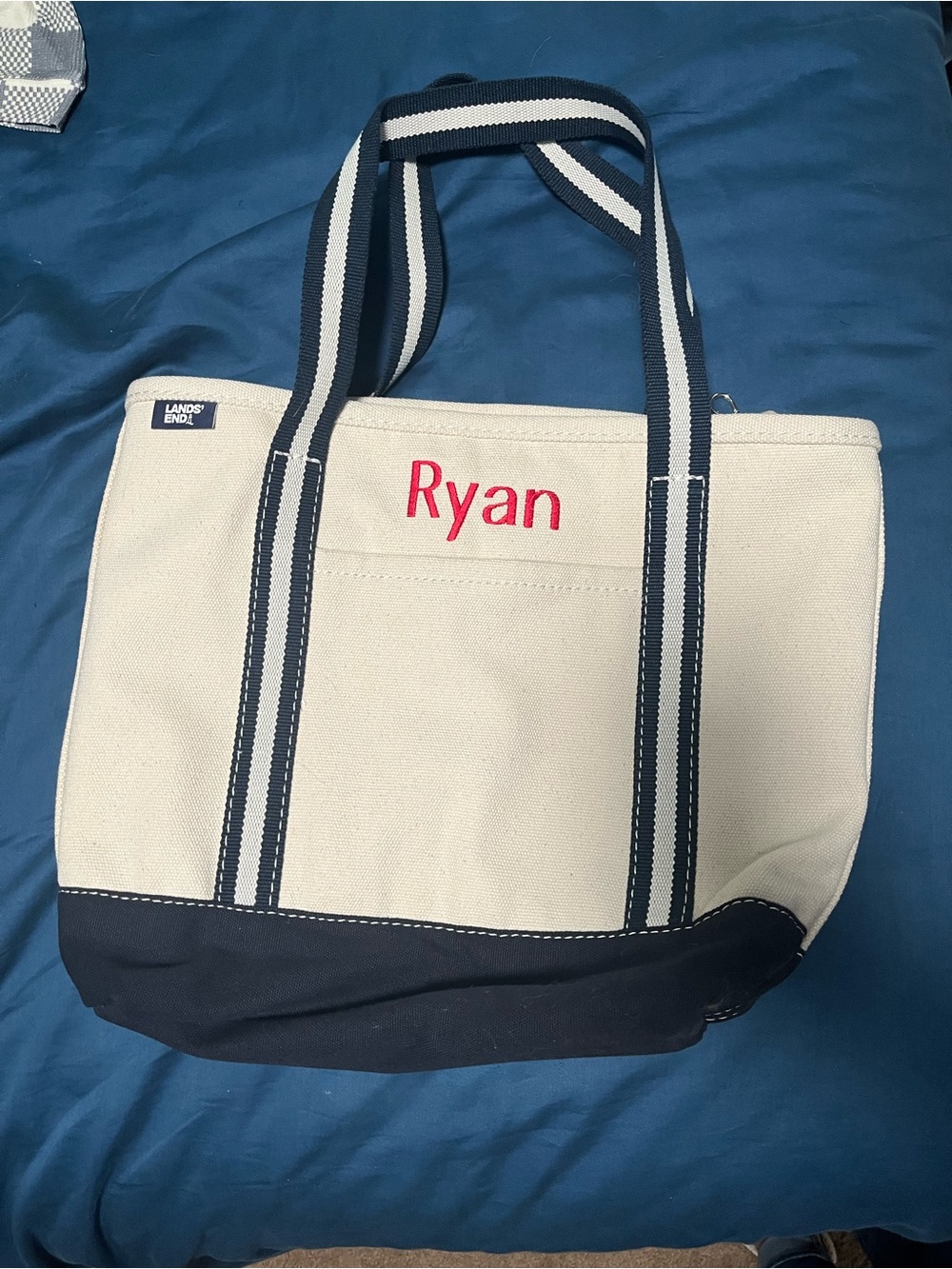 Lands' End Canvas Duffel Tote in Cream and Navy with Red Monogram Ryan